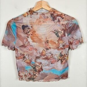 Womens Renaissance Angel Art Print Mesh Top Sz S Stretch Sheer Cropped